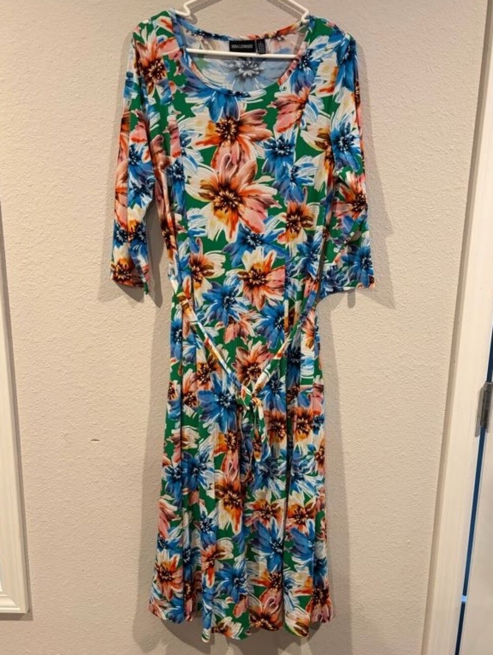 Nina Leonard Womens Casual Multicolor Floral 3/4 Sleeve Belted Midi Dress Size L